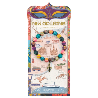 New Orleans handmade clay beaded bracelet on illustrated display card