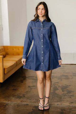 Blue Denim Collared Shirt Dress - Long Sleeve Fit & Flare