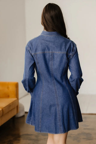 Blue Denim Collared Shirt Dress - Long Sleeve Fit & Flare