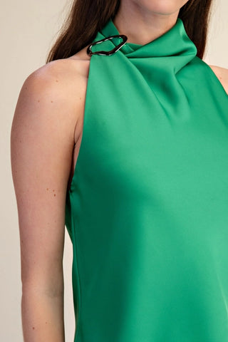 Halter Satin Top With Metal Trim - Kelly Green