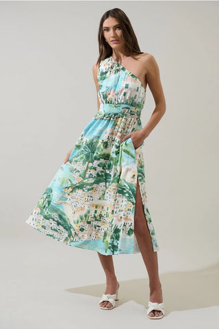 Coastal Print One Shoulder Midi Dress