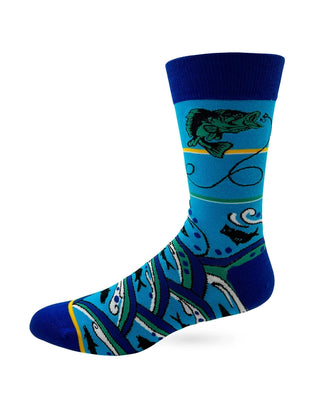 Opposite side of turquoise fishing crew sock showing a green fish, looping fishing line, waves, and royal blue accents