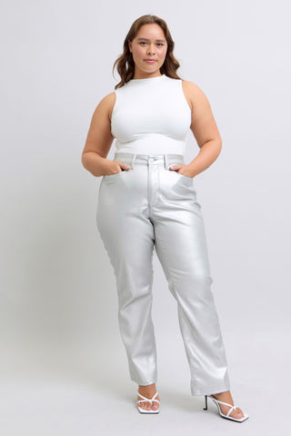 Judy Blue HW Tummy Control Metallic Silver Faux Leather Straight