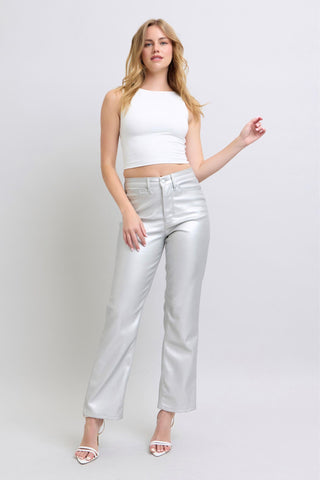 Judy Blue HW Tummy Control Metallic Silver Faux Leather Straight