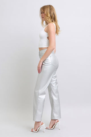 Judy Blue HW Tummy Control Metallic Silver Faux Leather Straight