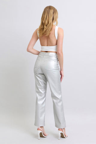 Judy Blue HW Tummy Control Metallic Silver Faux Leather Straight