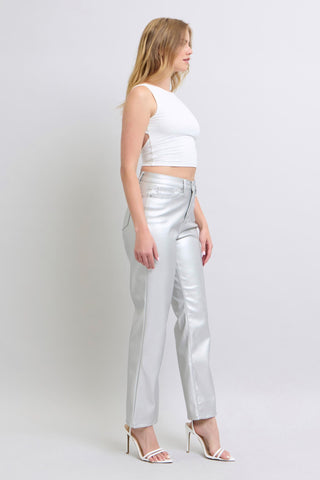 Judy Blue HW Tummy Control Metallic Silver Faux Leather Straight