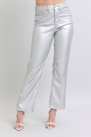 Judy Blue HW Tummy Control Metallic Silver Faux Leather Straight