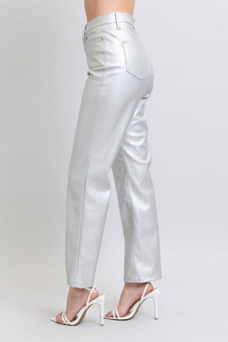 Judy Blue HW Tummy Control Metallic Silver Faux Leather Straight