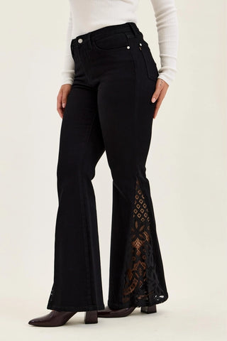 Judy Blue Jaqueline Mid-Rise Lace Hem Ultra Flare Jeans – Shadow Luxe Black