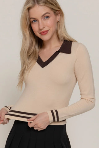 Brown Long Sleeve Stripe Polo Sweater
