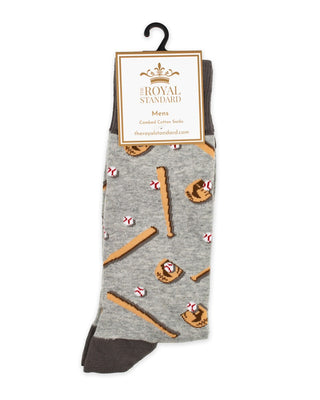 The Royal Standard men's gray baseball socks with tan bats and gloves, white baseballs, and dark contrasting cuffs and toes