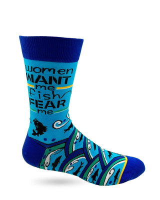 Turquoise men's crew sock with Women Want Me Fish Fear Me saying, wave pattern, and royal blue cuff, heel, and toe