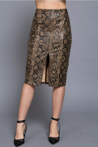 High Waist Open Front Snake Print Faux Leather Pencil Midi Skirt