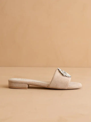 Brooch Slide Sandal | Crystal Embellished Suede Flat Sandal
