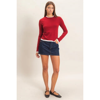 Red & White Layer Effect Fitted Long Sleeve Knit Top