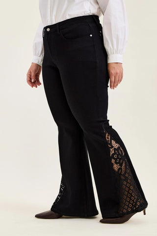 Judy Blue Jaqueline Plus Size Mid-Rise Lace Hem Ultra Flare Jeans - Shadow Luxe Black