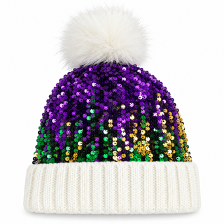Mardi Gras Sequin Beanie Hat with Pom Pom