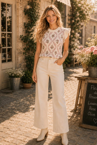 Floral Ruffle Sleeve Knit Top