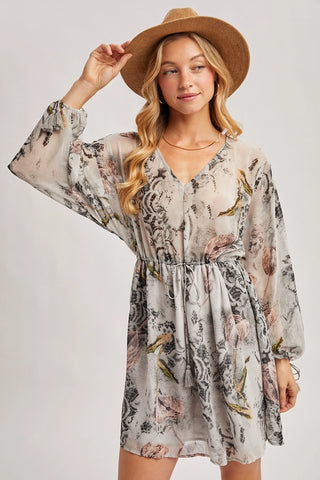 Floral Print Drawstring Bubble Sleeved V-Neck Mini Dress