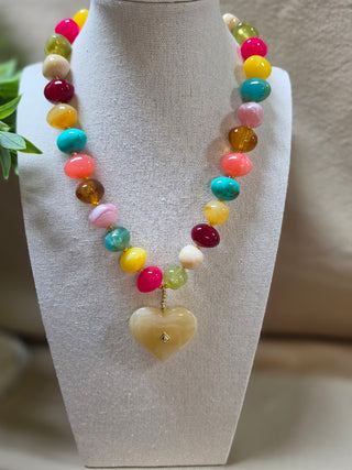 Beaded Necklace with Heart Charm- Multi
