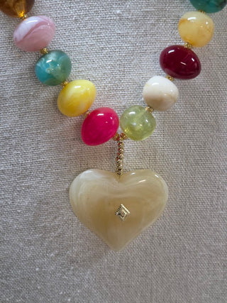 Beaded Necklace with Heart Charm- Multi