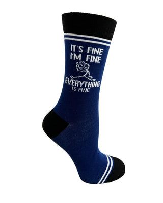 Navy crew sock with It's Fine I'm Fine Everything Is Fine lettering, white character graphic and stripes, and black cuff, heel, and toe