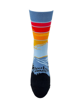 Front view of mountain sunset crew sock showing Adventure Awaits lettering above a black toe