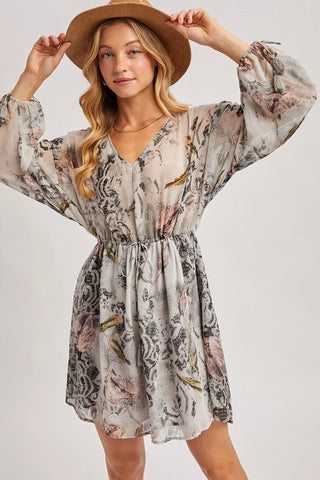 Floral Print Drawstring Bubble Sleeved V-Neck Mini Dress