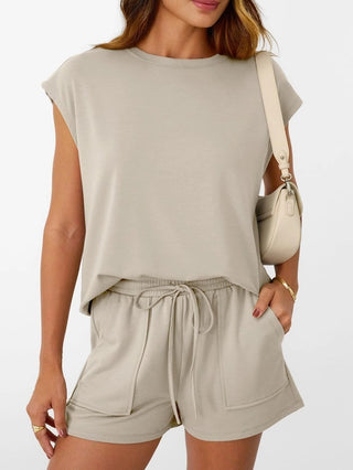 Casual Lounge Set – Cap Sleeve Top & Drawstring Shorts