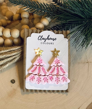 Handmade Pink Christmas Tree Polymer Clay Earrings