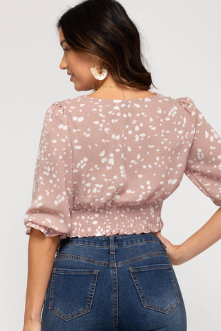 Printed Smocked Waist Surplice Top