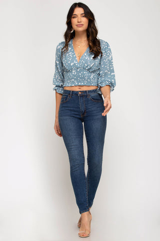 Printed Smocked Waist Surplice Top
