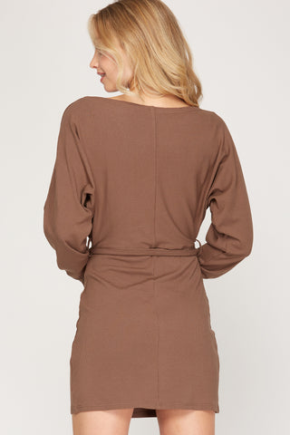 Long Sleeve Rib Knit Dress with Waist Sash – Sage Green