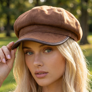 Vegan Leather Trim Newsboy Cabbie Hat