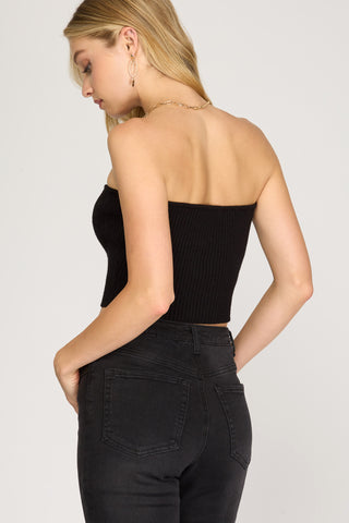 Strapless Sweetheart Rib Knit Cropped Sweater Top – Black, Cream, or Rust