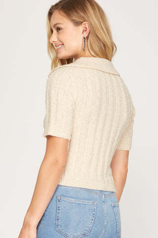 Short Sleeve Collared Cropped Knit Sweater Top – Caramel, Grey, or Cream