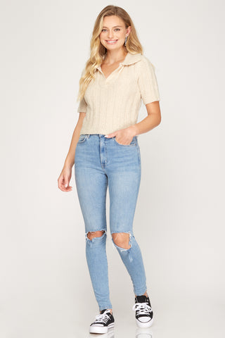 Short Sleeve Collared Cropped Knit Sweater Top – Caramel, Grey, or Cream
