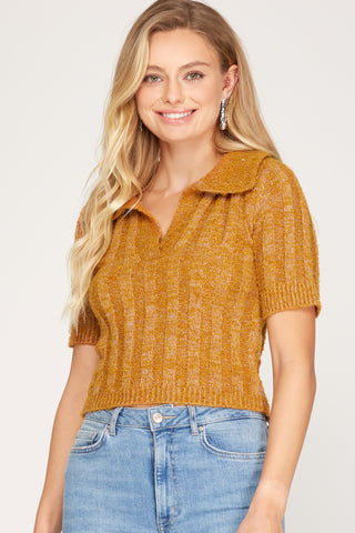 Short Sleeve Collared Cropped Knit Sweater Top – Caramel, Grey, or Cream