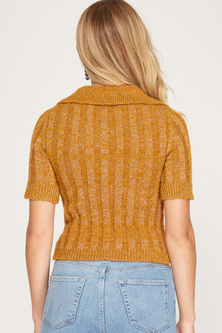Short Sleeve Collared Cropped Knit Sweater Top – Caramel, Grey, or Cream