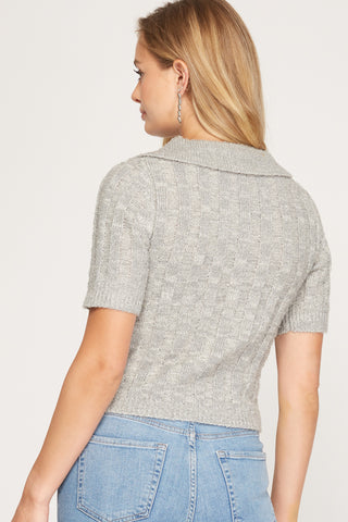 Short Sleeve Collared Cropped Knit Sweater Top – Caramel, Grey, or Cream