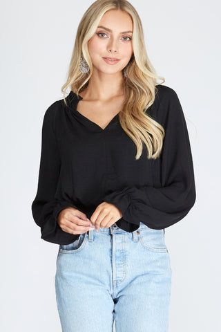 Long Sleeve Woven Top with Smocked Neck & Waistband – Black
