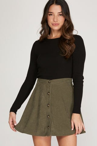 Woven Corduroy Button Down Flare Skirt – Olive