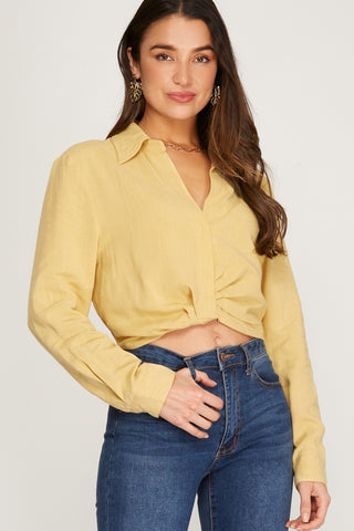 Long Sleeve Woven Collared Crop Shirt