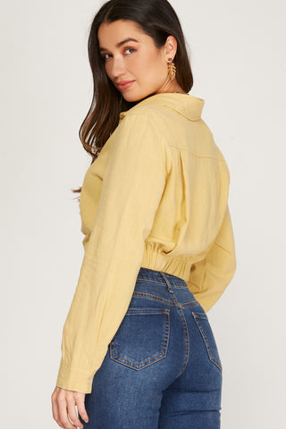 Long Sleeve Woven Collared Crop Shirt