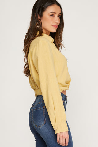 Long Sleeve Woven Collared Crop Shirt