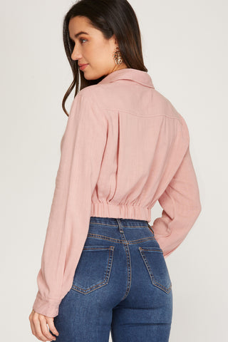 Long Sleeve Woven Collared Crop Shirt