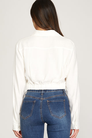 Long Sleeve Woven Collared Crop Shirt