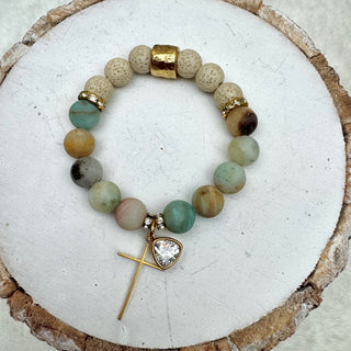 Skinny Cross & Triangle Crystal Amazonite Essential Oil Stretch Bracelet 7"|5374