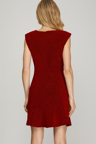 Red Metallic Sleeveless Mini Dress – Stretch Fit with Ruffle Hem